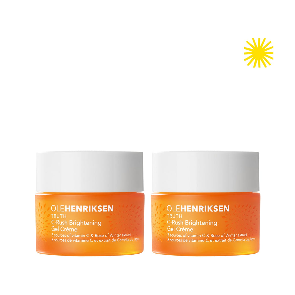 Two closed packagings of C-Rush Brightening Gel Crème shown side-by-side on a white background. Upper right corner has an icon of a yellow sun.