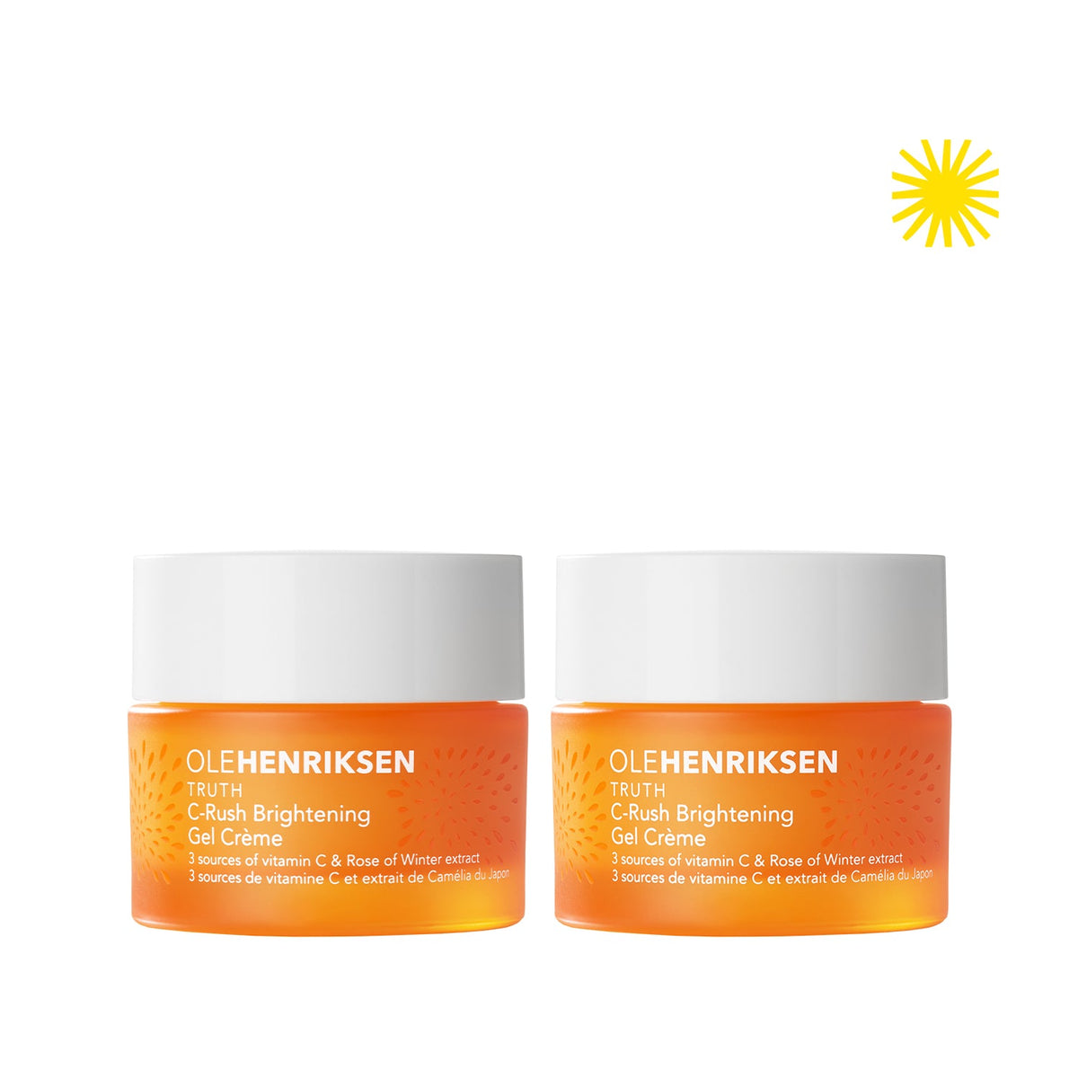 Two closed packagings of C-Rush Brightening Gel Crème shown side-by-side on a white background. Upper right corner has an icon of a yellow sun.
