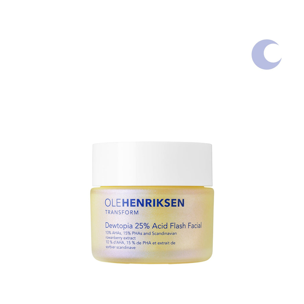 A closed jar of Dewtopia 25% Acid Flash Facial Mask on a white background. Upper right corner has an icon of a blue moon.