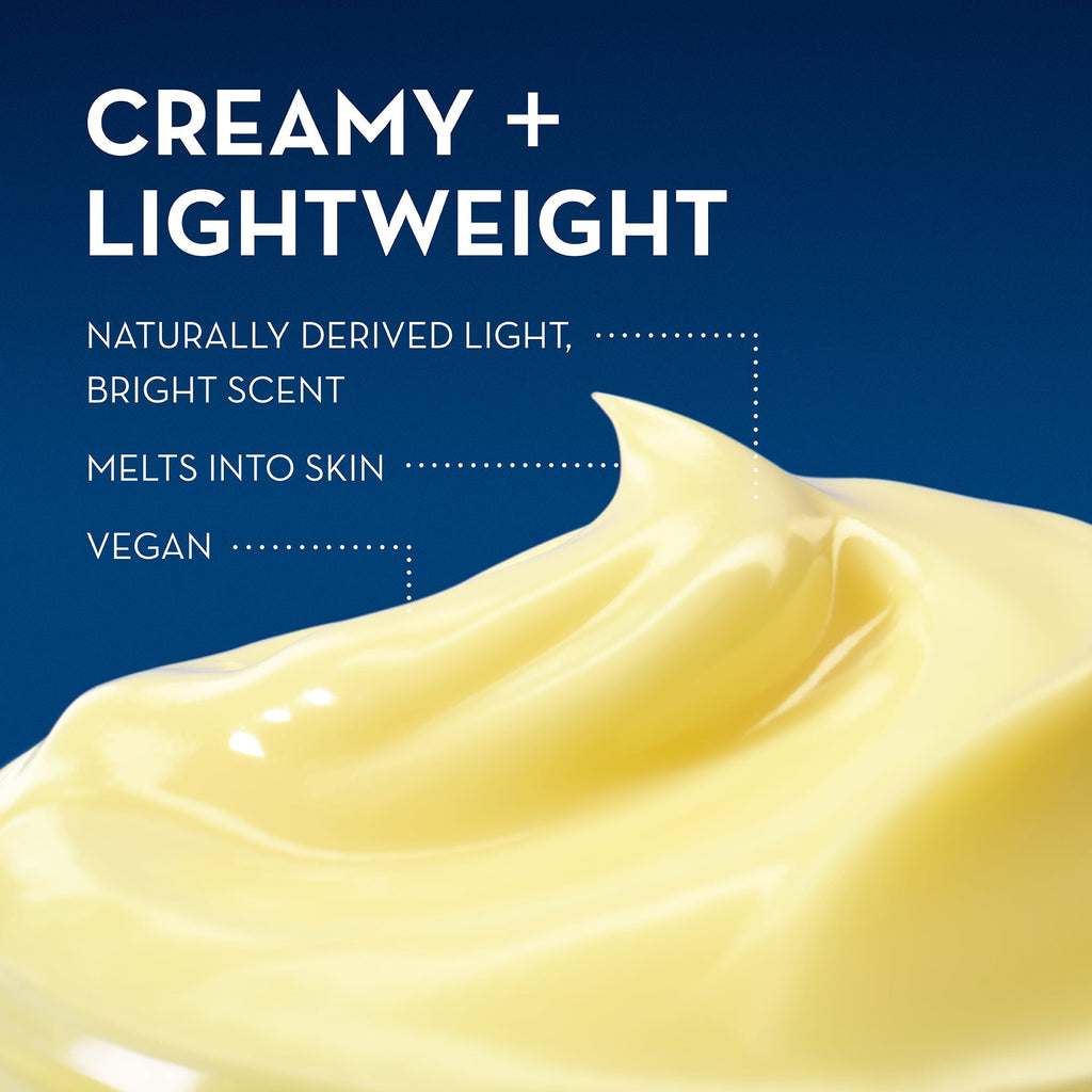 Infographic reading: creamy + lightweight; naturally derived light, bright scent; melts into skin; and vegan. 