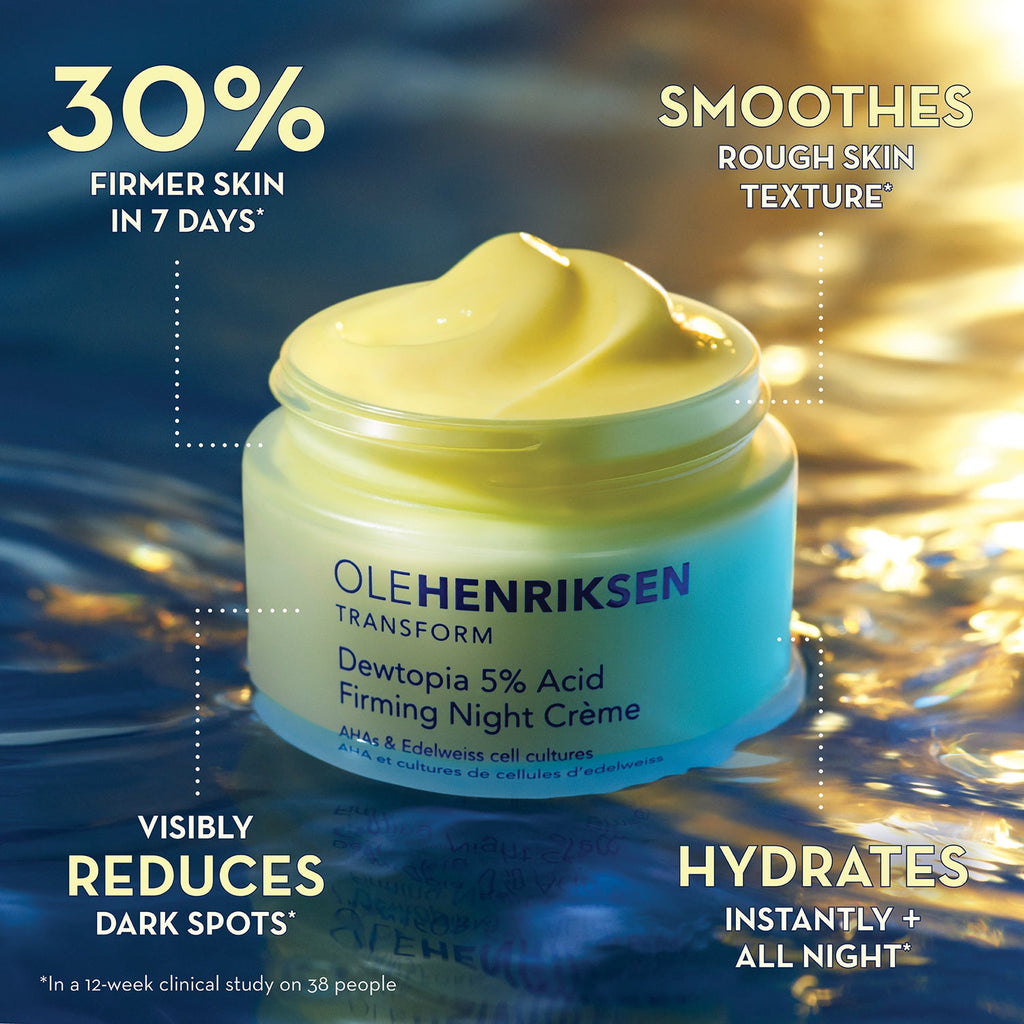 Infographic reading: 30% firmer skin in 7 days*, smoothes rough skin texture*, visibly reduces dark spots*, and hydrates instantly + all night (*In a 12-week clinical study on 38 people). 