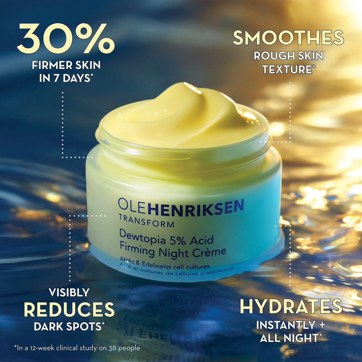 Infographic reading: 30% firmer skin in 7 days*, smoothes rough skin texture*, visibly reduces dark spots*, and hydrates instantly + all night (*In a 12-week clinical study on 38 people). 