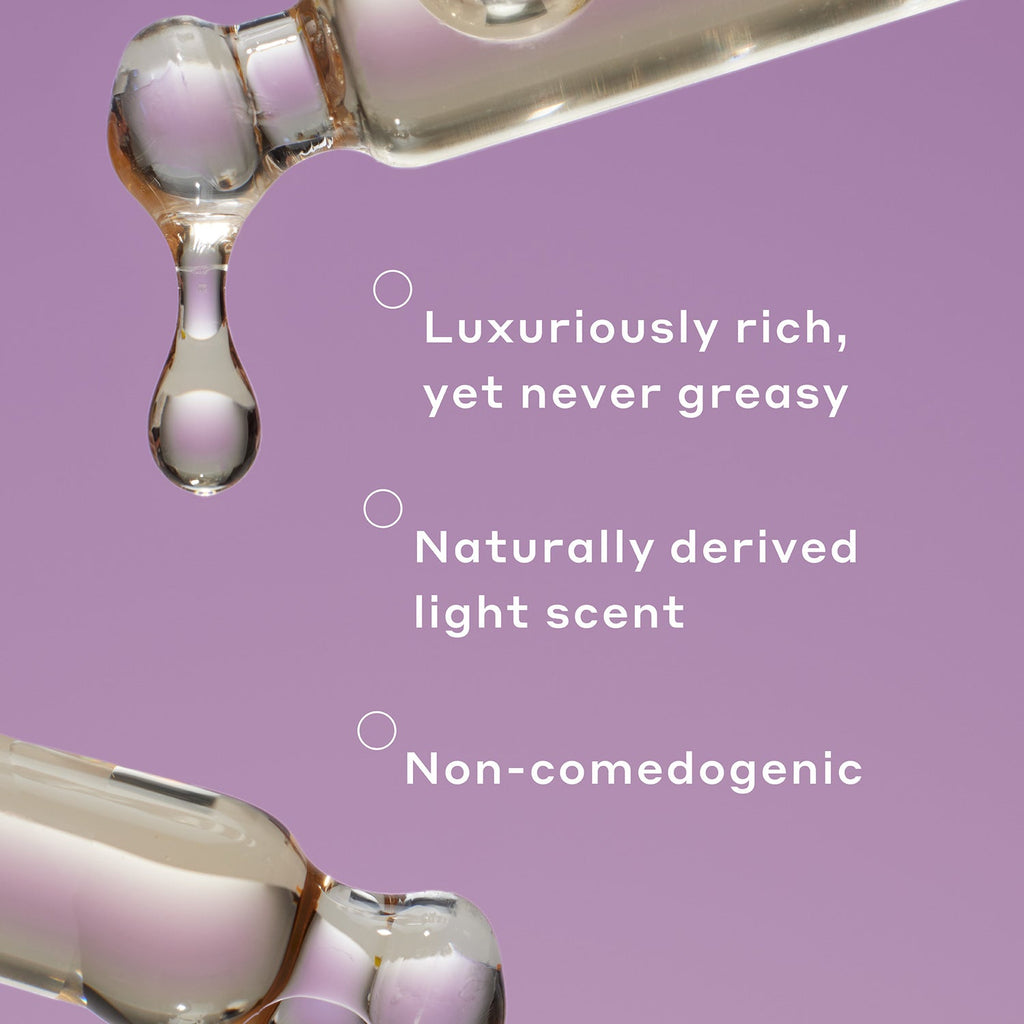 Infographic reading: Luxuriously rich, yet never greasy; naturally derived light scent; and non-comedogenic. 