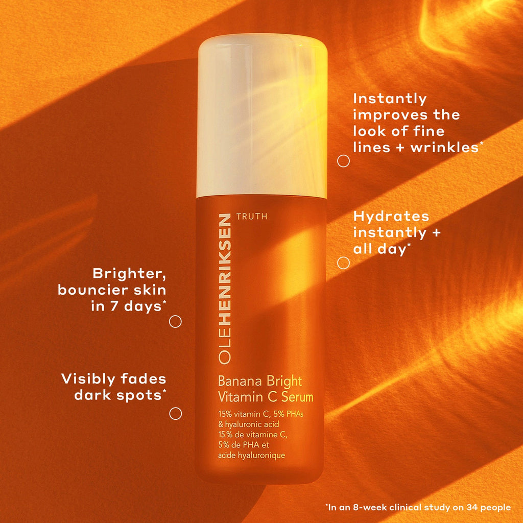 Infographic that reads: Brighter, bouncier skin in 7 days.* Visibly fades dark spots.* Instantly improves the look of fine lines + wrinkles.* Hydrates instantly + al day.*   ** In an 8-week clinical study on 34 people.