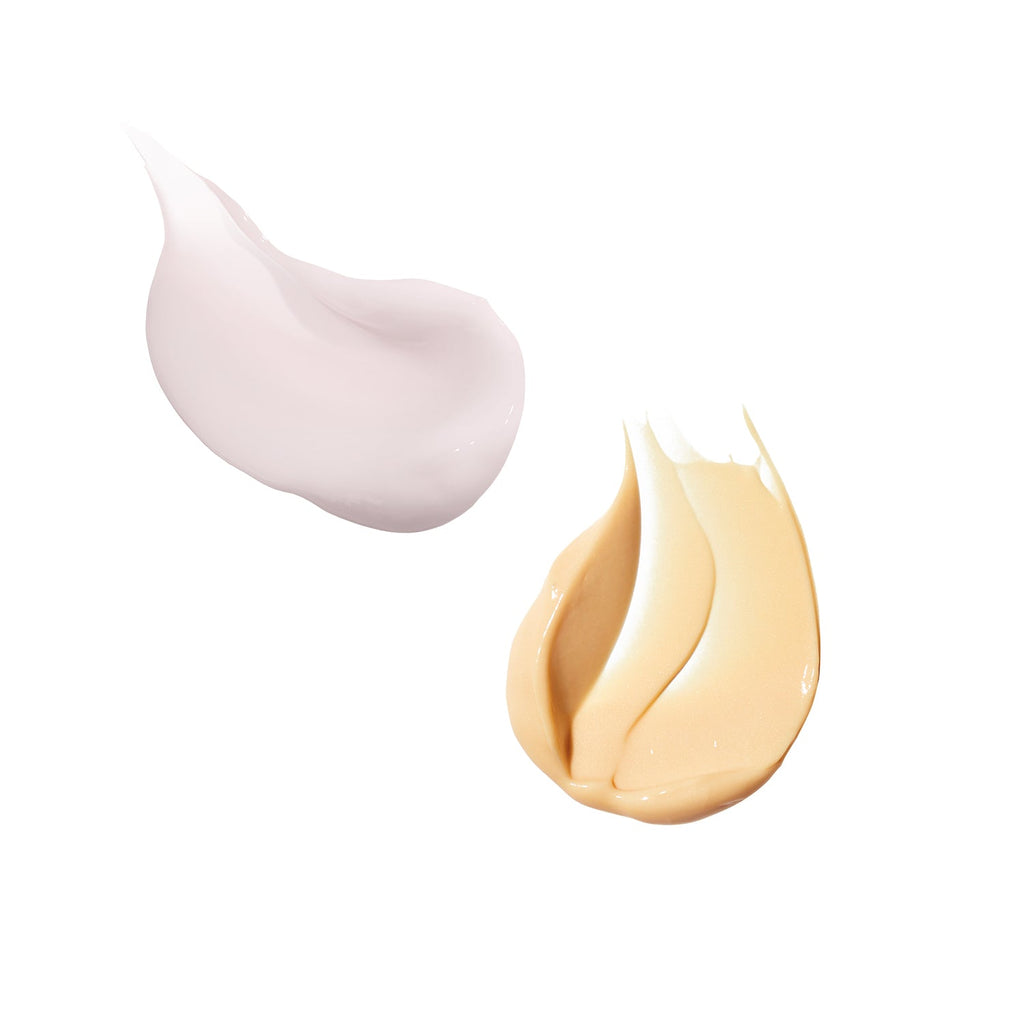 Smears of Strength Trainer Peptide Boost Moisturizer and Banana Bright+ Eye Crème shown on a white background. 