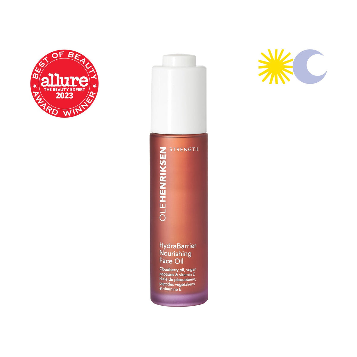 A closed bottle of HydraBarrier Nourishing Face Oil on a white background. Upper right corner has an icon of a yellow sun and blue moon. Upper left corner has Allure's 2023 Best of Beauty Award Winner seal.