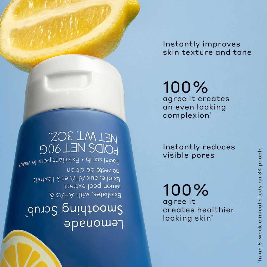Image of a closed bottle of the scrub upside down with a sliced lemon on top of it. Infographic reading: 100% agree it creates an even-looking complexion* and 100% agree it creates healthier looking skin* (*In a 8-week clinical study of 34 people). Instantly improves skin texture and tone. Instantly reduces visible pores.