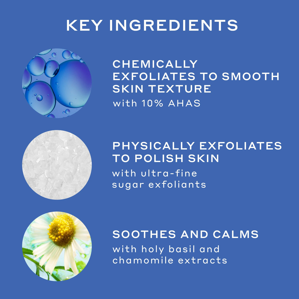 Infographic that reads: Key Ingredients, Chemically exfoliates to smooth skin texture with 10% AHAs, physically exfoliates to polish skin with ultra-fine sugar exfoliants, soothes and calms with holy basil and chamomile extracts.